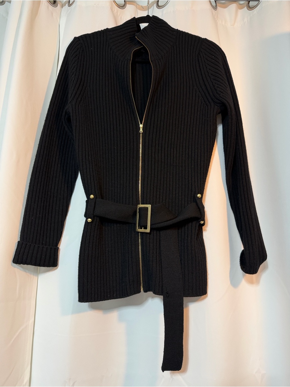 Talbots Pure Merino Wool Black Ribbed Knit Belted Zip-Up Sweater Jacket SZ L B9
